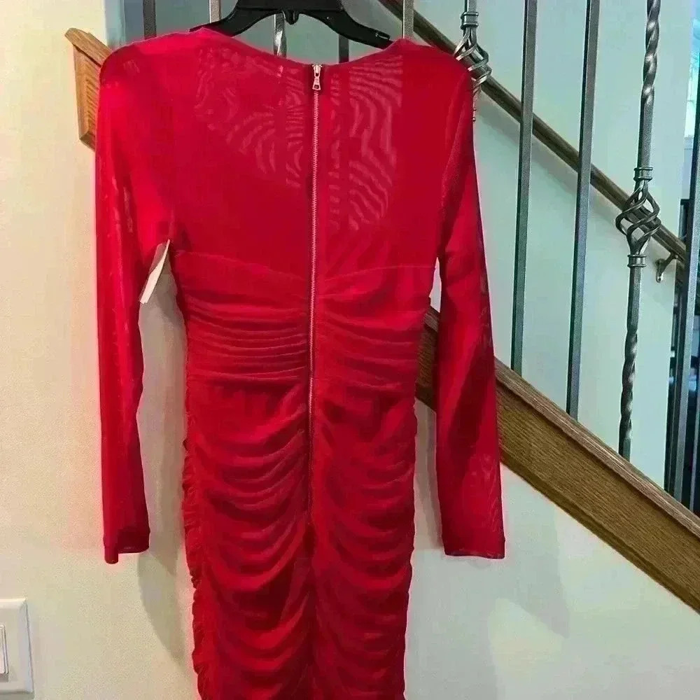 BARDOT Red Pippa Mesh Rose Mini Dress with Long Sleeve - Picture 6 of 6